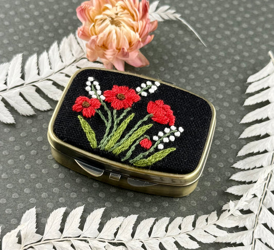 Embroidered Mini Pill/Jewelry Container - Red Poppies