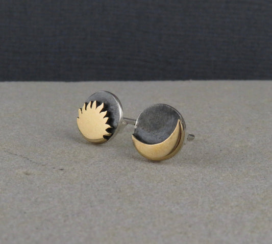 Mixed Metal Moon and Sun Post Earrings