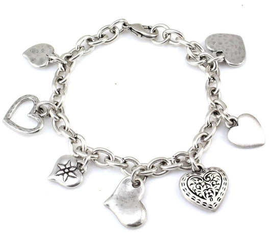 Silver Heart Charm Bracelet | Multi Heart Bracelet | Chunky Silver Hearts Bracelet | Antiqued Silver Hearts Bracelet