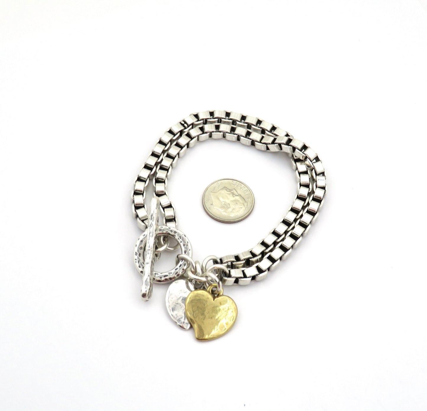 Chunky Two-Tone Heart Bracelet | Antiqued Bronze and Silver Heart Bracelet | Chunky Heart Charm Bracelet | Silver Gold Heart Bracelet