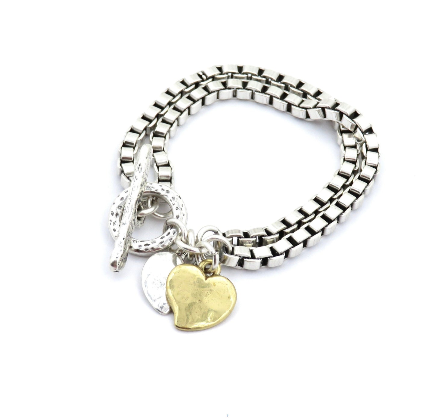 Chunky Two-Tone Heart Bracelet | Antiqued Bronze and Silver Heart Bracelet | Chunky Heart Charm Bracelet | Silver Gold Heart Bracelet