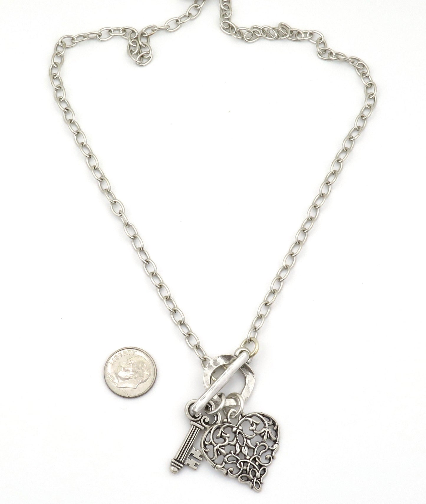 Antique Silver Heart Necklace | Romantic Heart Necklace | Key to My Heart Necklace | Heart and Key Necklace | Baroque Silver Heart Necklace