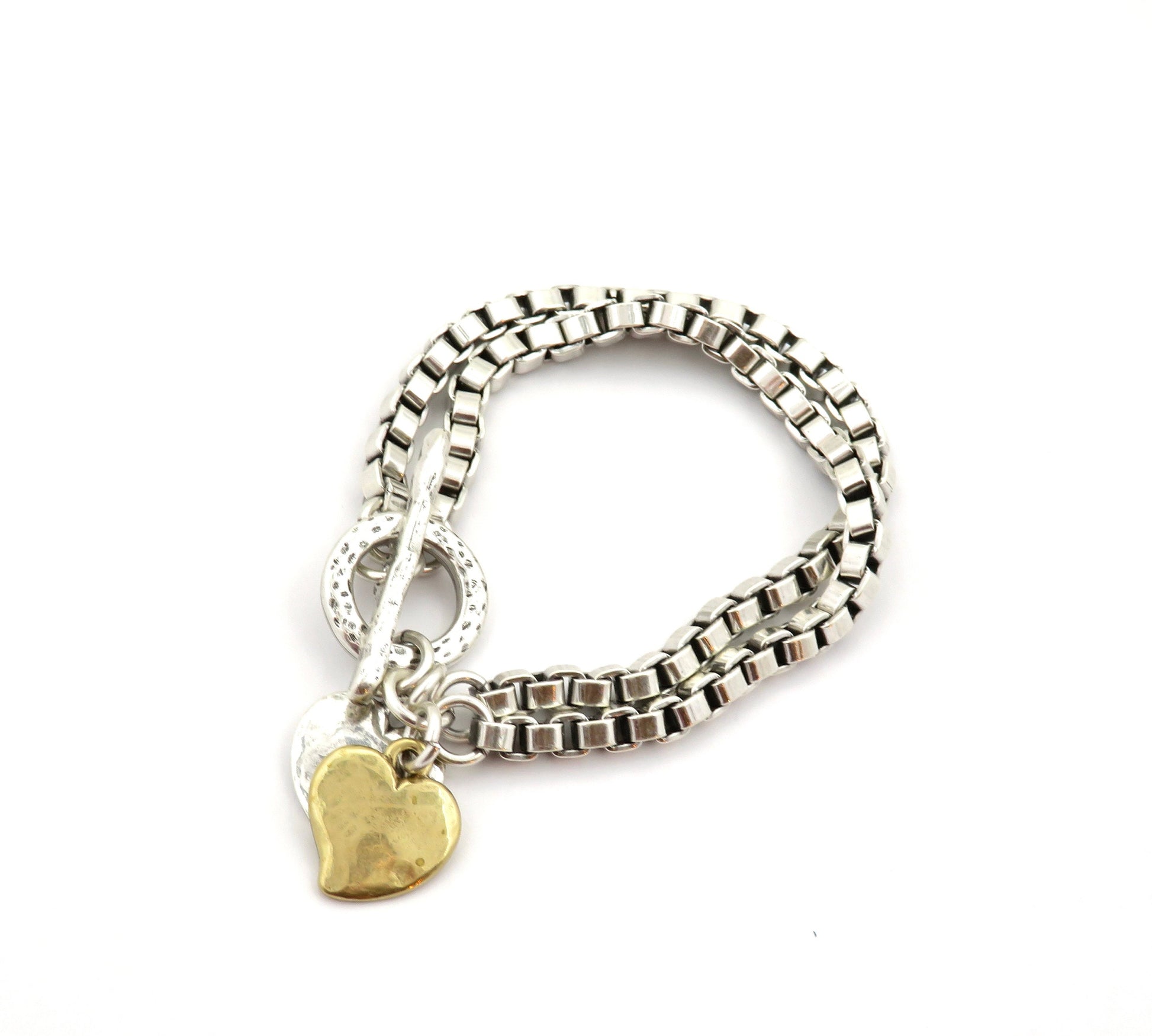 Chunky Two-Tone Heart Bracelet | Antiqued Bronze and Silver Heart Bracelet | Chunky Heart Charm Bracelet | Silver Gold Heart Bracelet