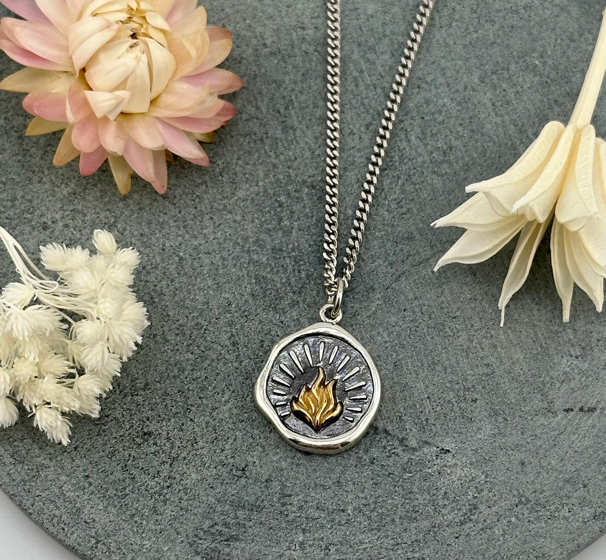 Sterling Flame Pendant | Silver Fire Necklace | Two Tone Flames Pendant | Silver Gold Fire Necklace | Fire Disc Pendant | Fire Within