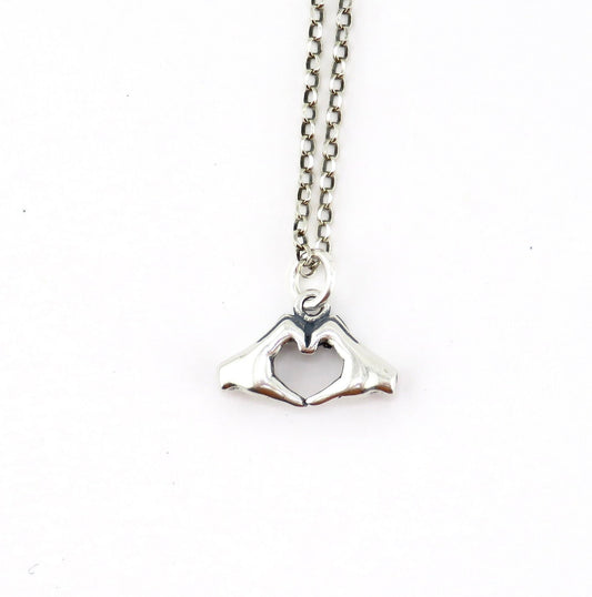 Heart Hands Necklace, Sterling Love Necklace, Hands Making Heart Necklace, Heart in Hands Pendant, Sterling Heart in Hands Necklace