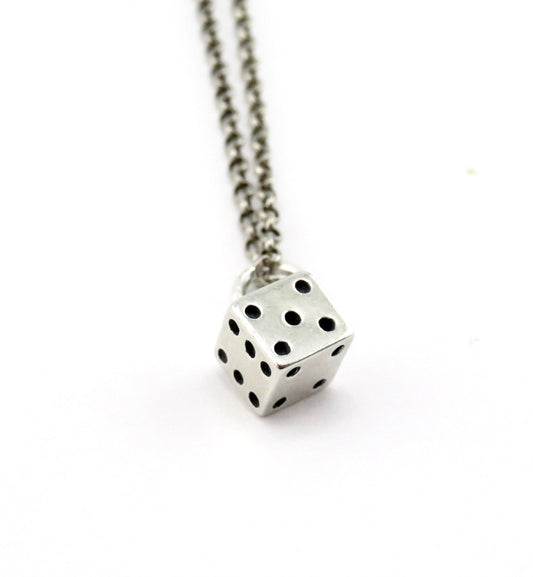 Sterling Dice Necklace, Silver Dice Necklace, Sterling Game Dice Pendant, Silver 3D Dice Necklace, Square Silver Dice Pendant