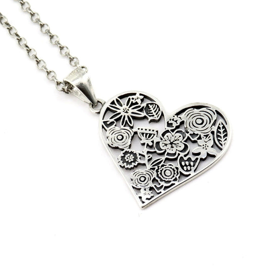 Sterling Heart Necklace, Silver Floral Heart Necklace, Sterling Love Necklace, Silver Heart Pendant, Unique Silver Heart Necklace