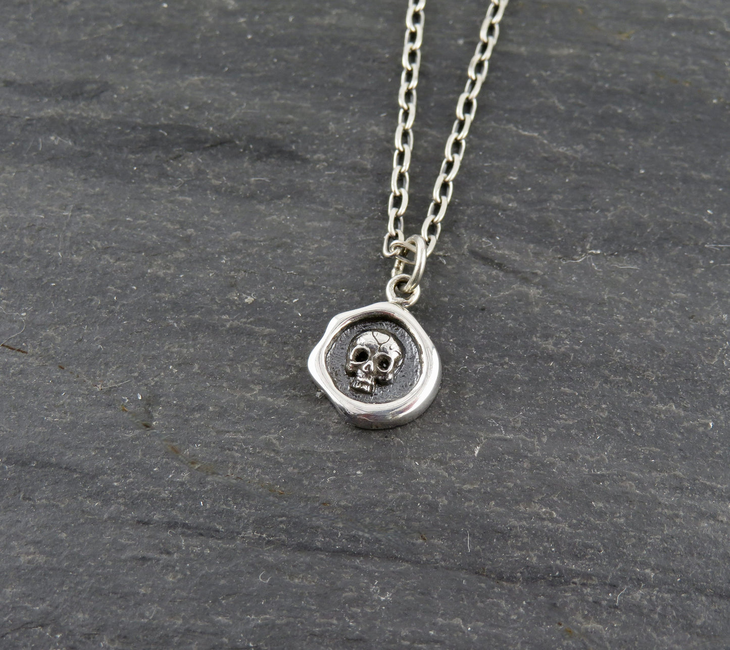 Sterling Skull Necklace | Silver Skull Pendant | Sterling Skull Medallion | Skull Imprint Pendant | Wax Seal Skull | Skull Coin Necklace