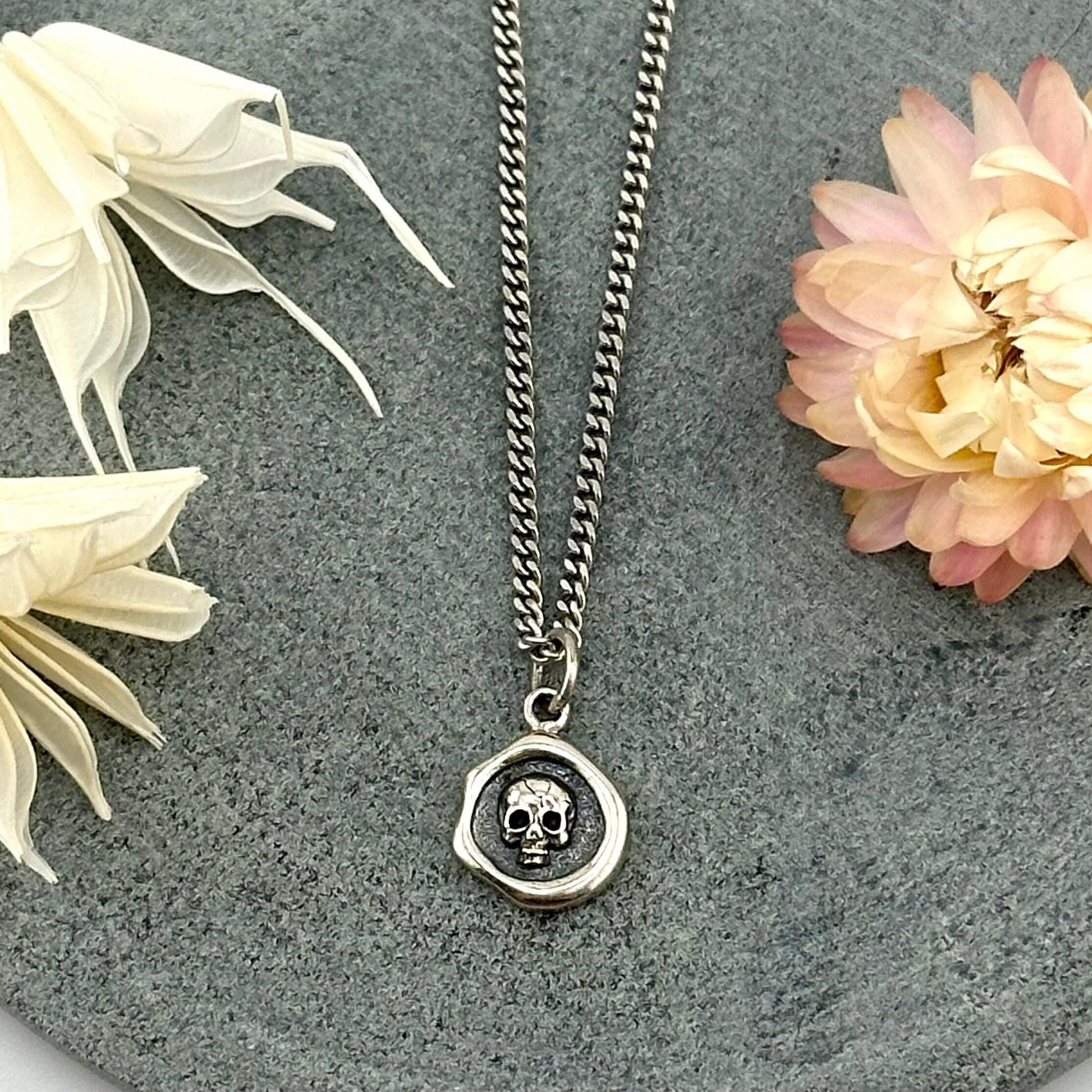 Sterling Skull Necklace | Silver Skull Pendant | Sterling Skull Medallion | Skull Imprint Pendant | Wax Seal Skull | Skull Coin Necklace