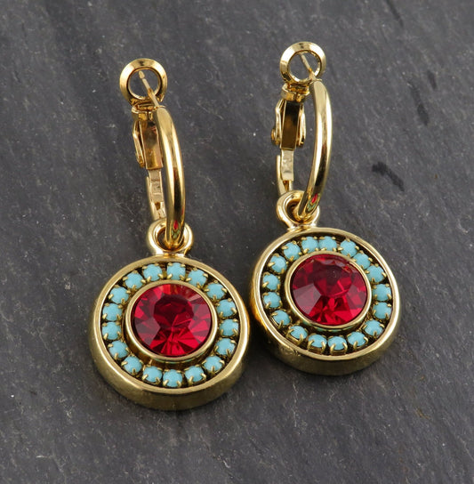 Colorful Sparkly Earrings | Turquoise Red Earring | Gold Crystal Earrings | Statement Earrings | Turquoise Gold Hoop | Pave Crystal Earrings