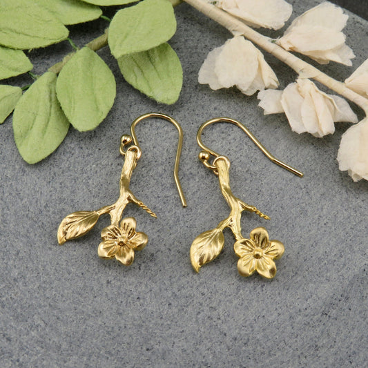 Gold Flower Stem Earrings | Flower Branch Earrings | Lightweight Flower Earrings | Gold Branch Earrings | Gold Hanging Flower Earrings