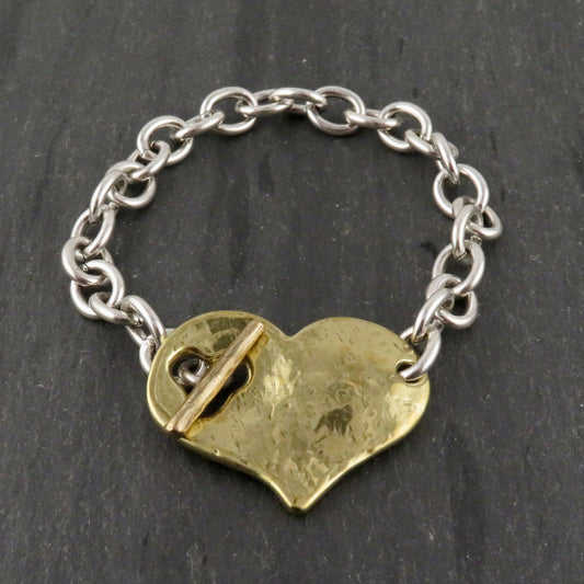 Two Tone Heart Bracelet | Hammered Heart Bracelet | Chunky Mixed Metal Heart Bracelet | Toggle Clasp Heart Bracelet | Unique Heart Bracelet