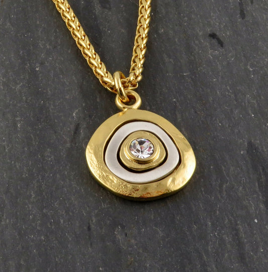 Gold Crystal Pendant | Two Tone Necklace | Mixed metal cz Necklace | Two Toned Medallion Pendant | Gold Mixed Metals Necklace