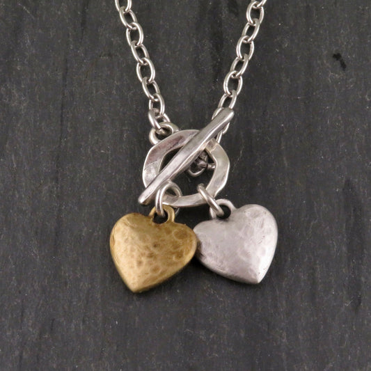 Two Tone Heart Necklace | Hammered Heart Necklace | Gold Silver Heart Necklace | Two Hearts Necklace