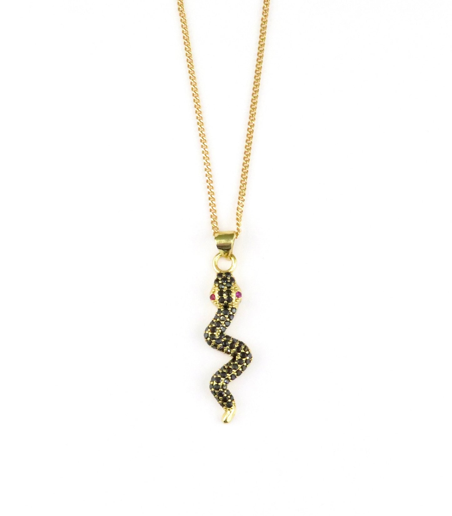 Black Gold Snake Pendant | Gold Snake Necklace | Black CZ Serpent Pendant | Sparkly Black Serpent Necklace | Gem Snake Pendant | Dark Snake