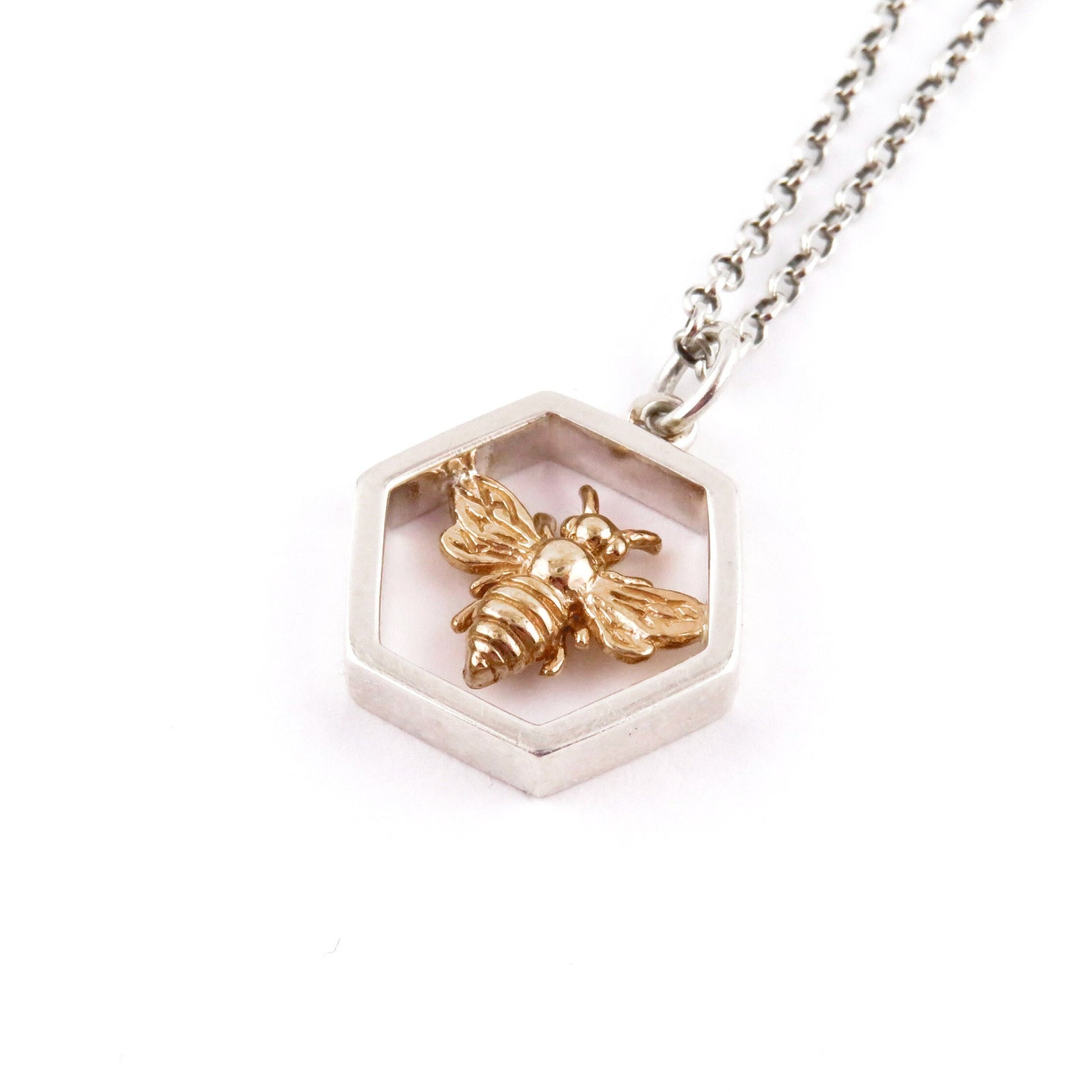 Sterling Bee Necklace | Two Tone Bee Pendant | Mixed Metal Bee Necklace | Gold Bee Necklace | Bee Honeycomb Pendant | Silver Honeycomb Bee