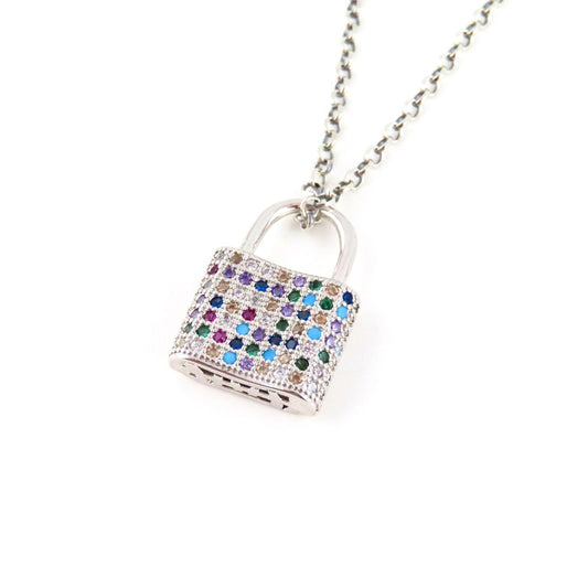 Silver Lock Necklace | Colorful Lock Necklace | Silver Rainbow Padlock Necklace | Silver Multicolored Lock Necklace | CZ pave lock Pendant