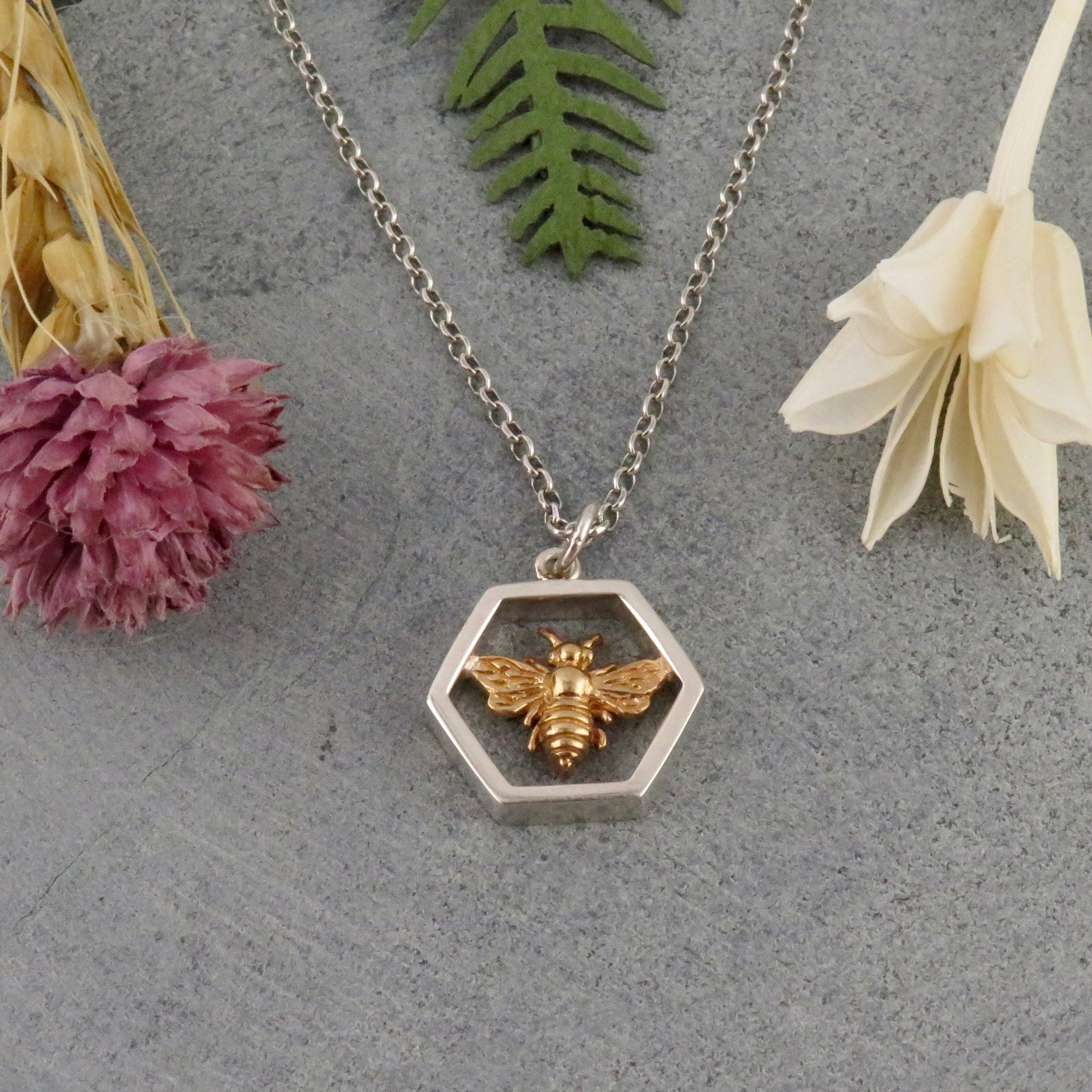 Sterling Bee Necklace | Two Tone Bee Pendant | Mixed Metal Bee Necklace | Gold Bee Necklace | Bee Honeycomb Pendant | Silver Honeycomb Bee