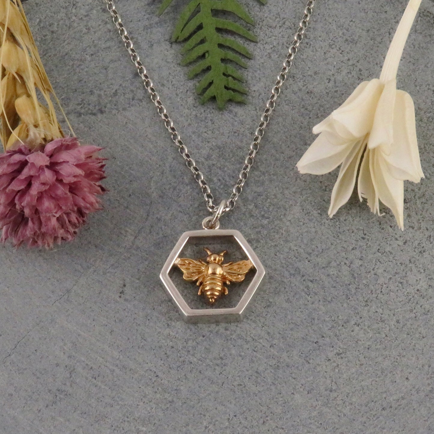 Sterling Bee Necklace | Two Tone Bee Pendant | Mixed Metal Bee Necklace | Gold Bee Necklace | Bee Honeycomb Pendant | Silver Honeycomb Bee