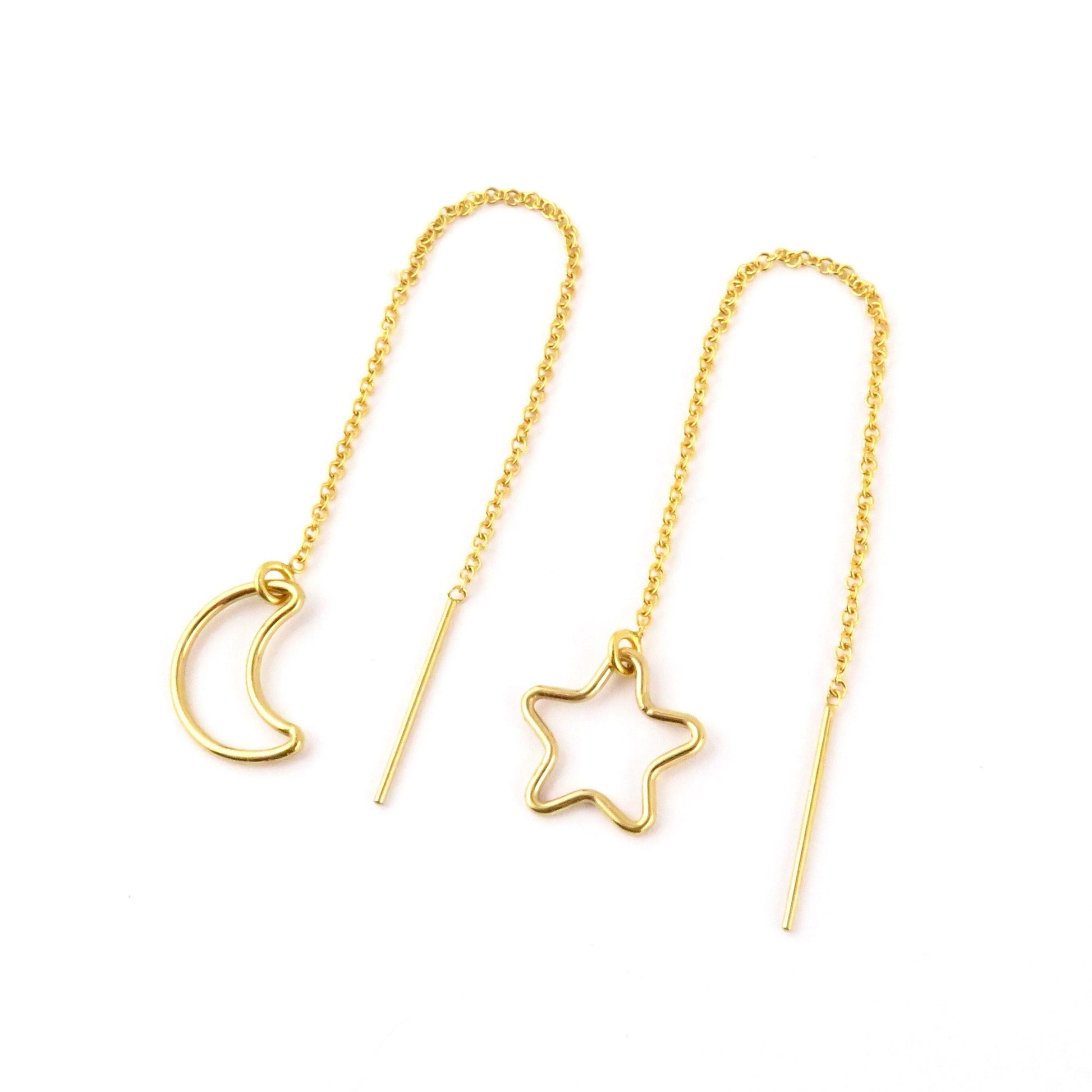 Mismatched Earrings | Celestial Threader Earrings | Moon Star Threaders | Gold Chain Threader Earrings | Gold Moon Star Threader Earrings