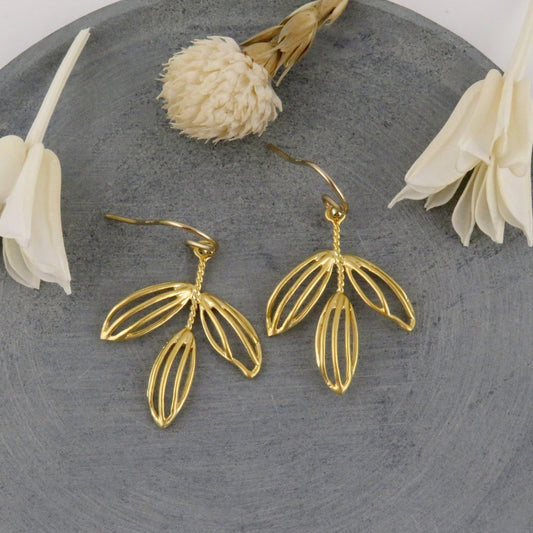 Gold Leaves Earrings | Lightweight Gold Earring | Gold Laser Cut Leaf Earrings | Hanging Leaves Earrings | Open Nature Earrings | Gold Stems