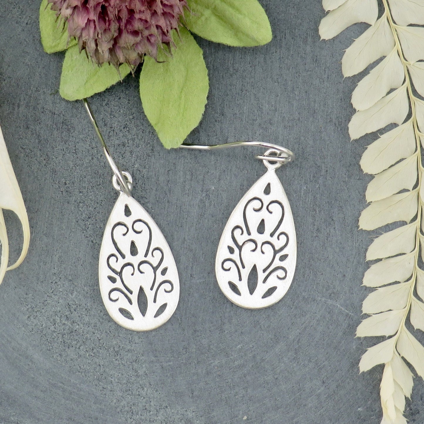 Sterling Teardrop Earrings | Cutout Silver Earrings | Sterling Silver Floral Earrings | Silver Romantic Earrings | Everyday Silver Earrings