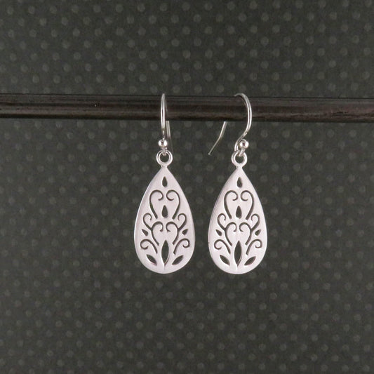 Sterling Teardrop Earrings | Cutout Silver Earrings | Sterling Silver Floral Earrings | Silver Romantic Earrings | Everyday Silver Earrings