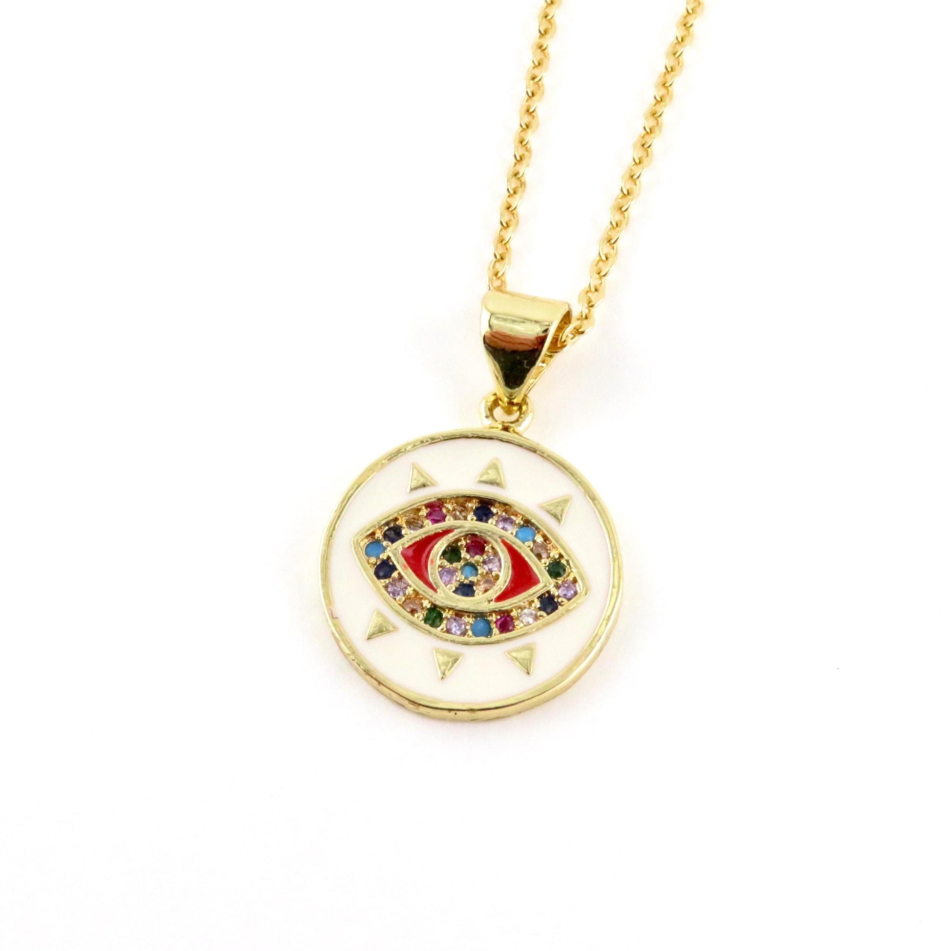 Evil Eye Necklace | Colorful Eye Pendant | Gold Evil Eye Pendant | Gold Enamel Eye Necklace | Gold Eye Medallion | Gold Evil Eye Multicolor