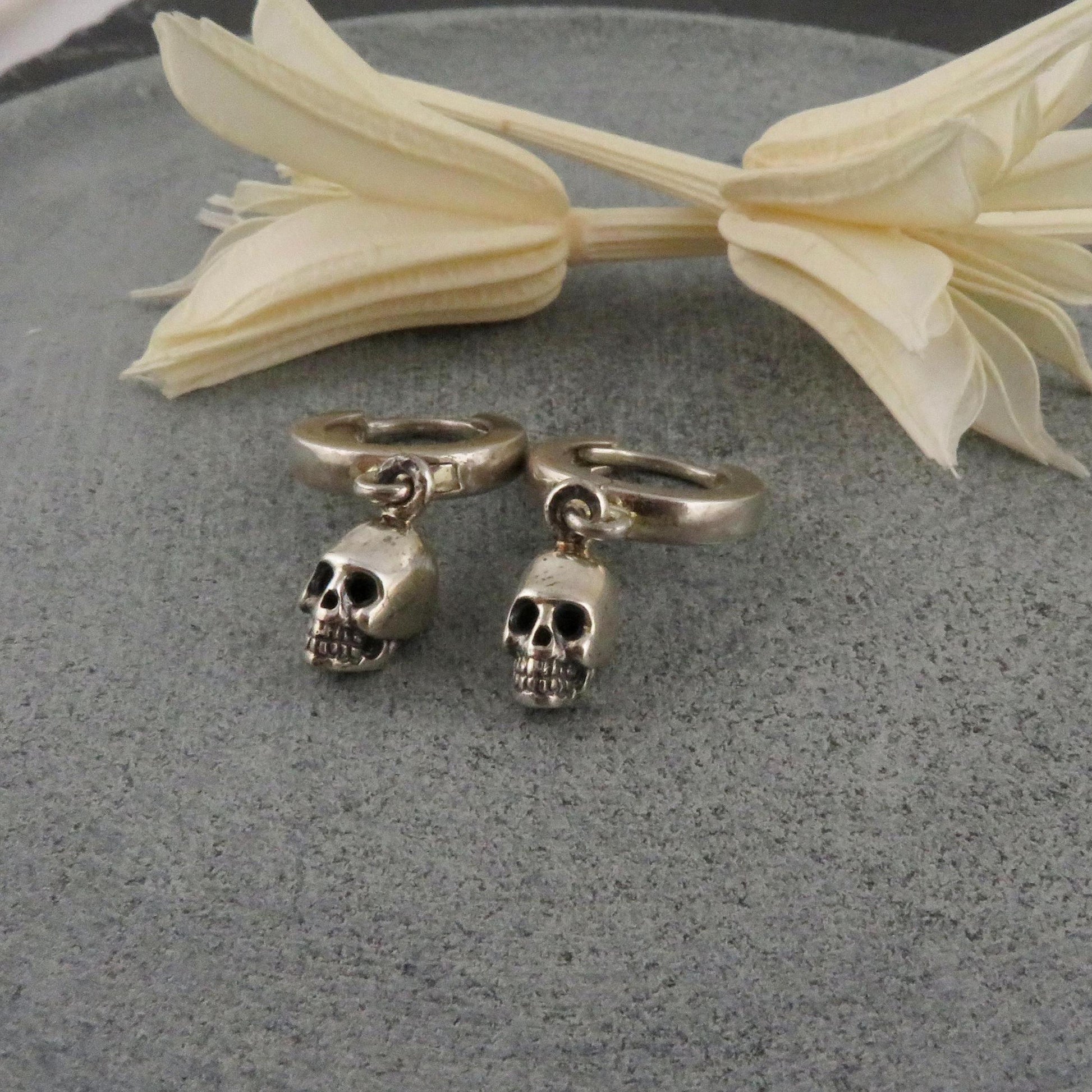 Skull Hoop Earrings | Small Sterling Skull Earrings | Mini Skull Earrings | Tiny Skull Hoop Earrings | 3D Skull Hoops | Sterling Skull Hoops