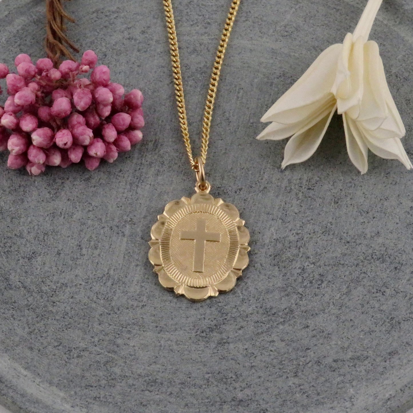 Gold Cross Necklace Oval | Fancy Cross Pendant | Gold Filled Cross Pendant | Gold Cross Medallion | Gold Filled Cross | Detailed Gold Cross