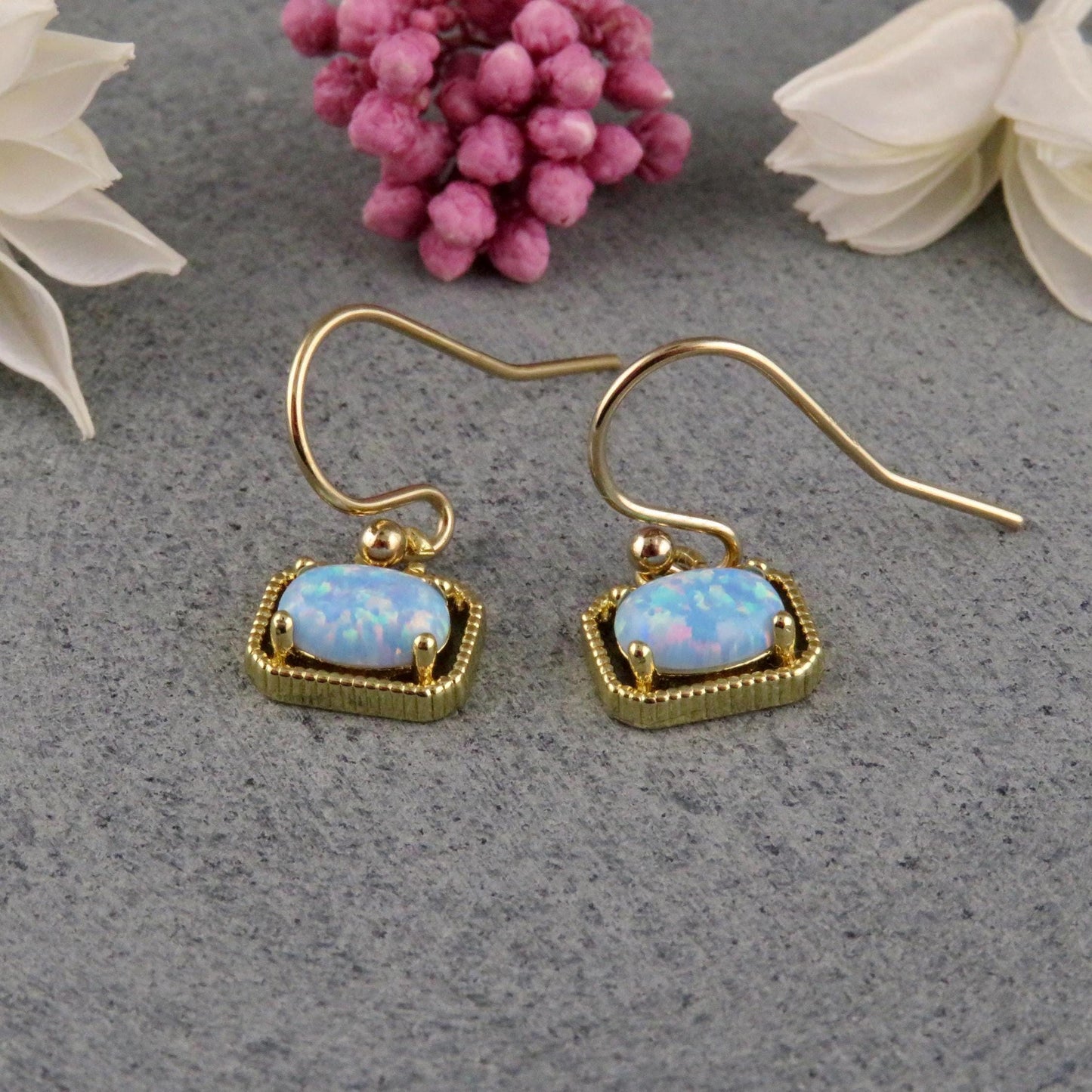 Gold Blue Opal Earrings | Gold Retro Opal Earrings | Framed Opal Earrings | Art Deco Opal Earrings | Geometric Gold Blue Opal Earrings