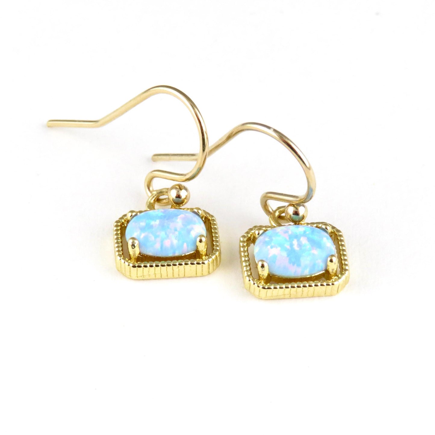 Gold Blue Opal Earrings | Gold Retro Opal Earrings | Framed Opal Earrings | Art Deco Opal Earrings | Geometric Gold Blue Opal Earrings