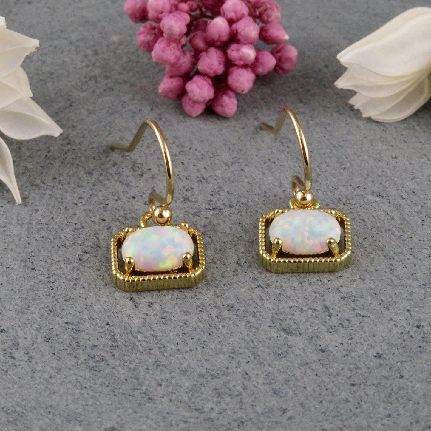 Gold White Opal Earrings | Gold Retro Opal Earrings | Framed Opal Earrings | Art Deco Opal Earrings | Geometric Gold White Opal Earrings