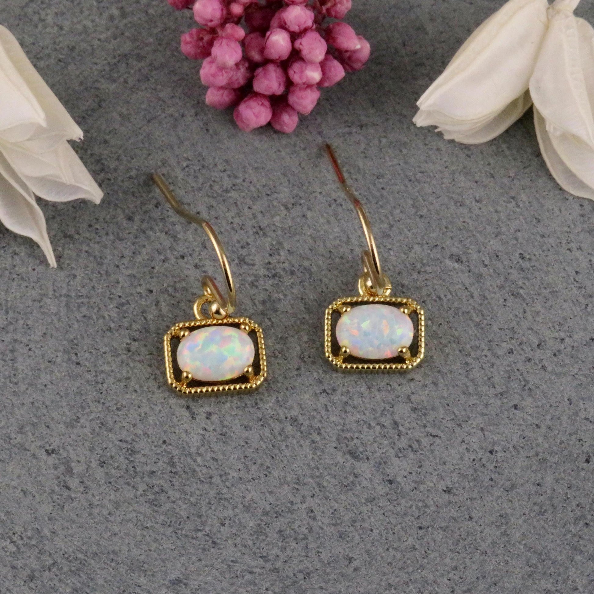 Gold White Opal Earrings | Gold Retro Opal Earrings | Framed Opal Earrings | Art Deco Opal Earrings | Geometric Gold White Opal Earrings