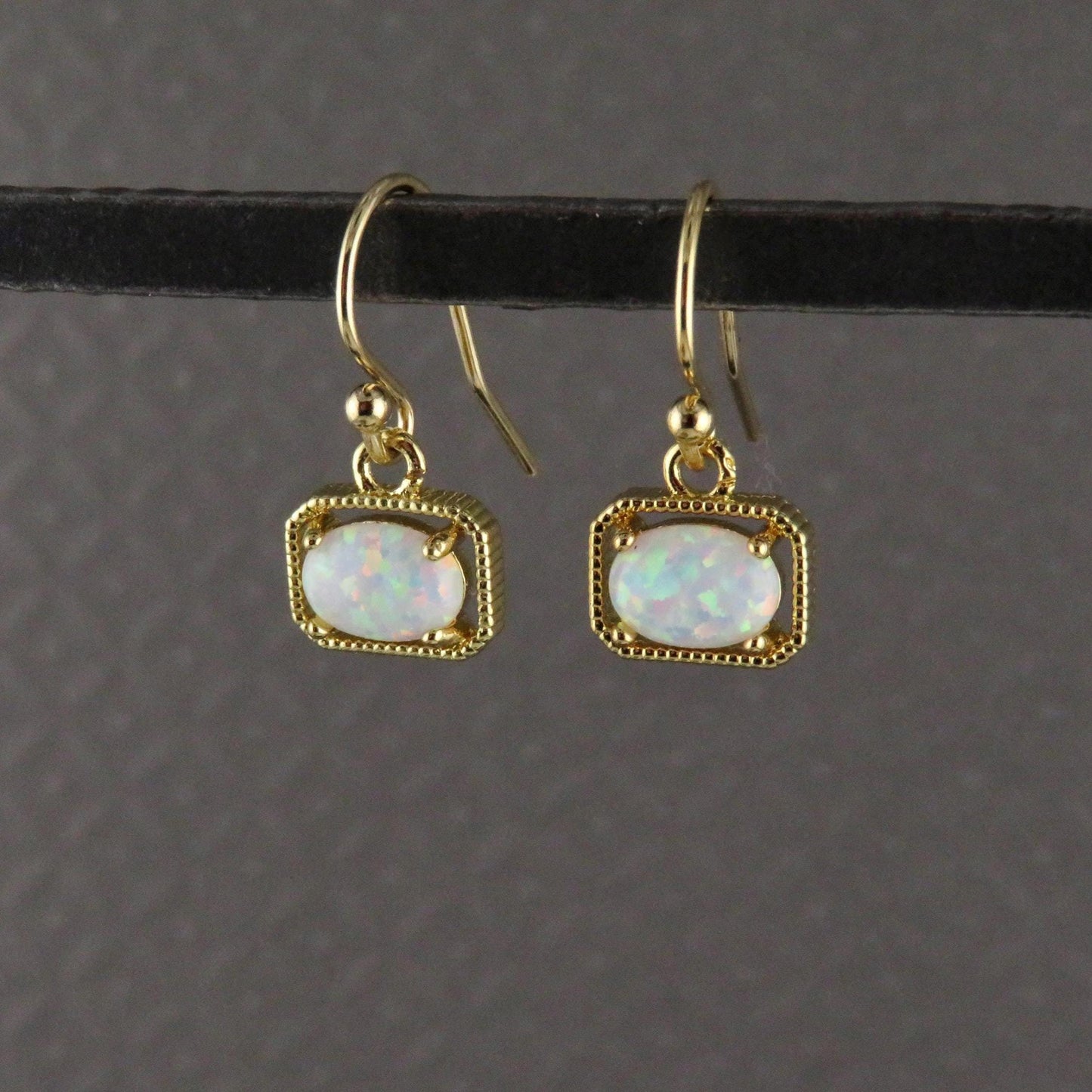 Gold White Opal Earrings | Gold Retro Opal Earrings | Framed Opal Earrings | Art Deco Opal Earrings | Geometric Gold White Opal Earrings