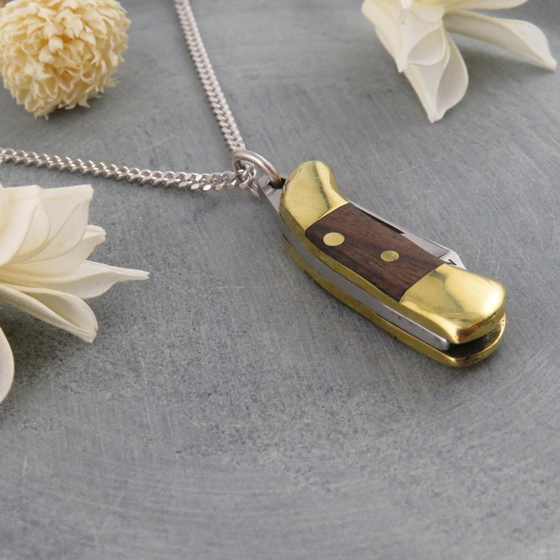 Mini Knife Necklace | Mini Pocketknife Pendant | Wood Gold Knife Necklace | Gold Wood Small Knife Necklace | Walnut Wood Knife Necklace