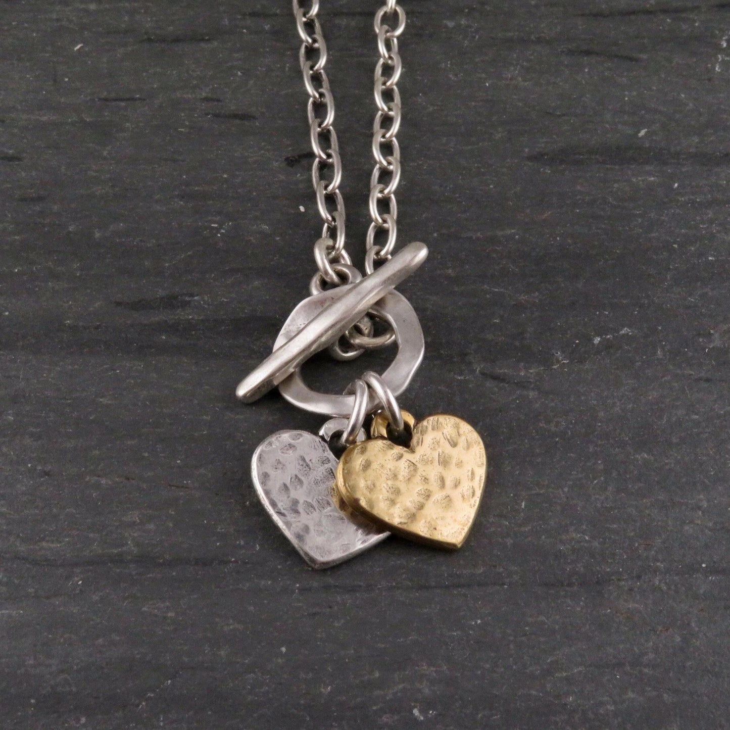 Two Tone Hearts Necklace | Hammered Heart Necklace | Gold Silver Hearts | Mixed Metal Hearts Pendants | Hearts Front Toggle Necklace