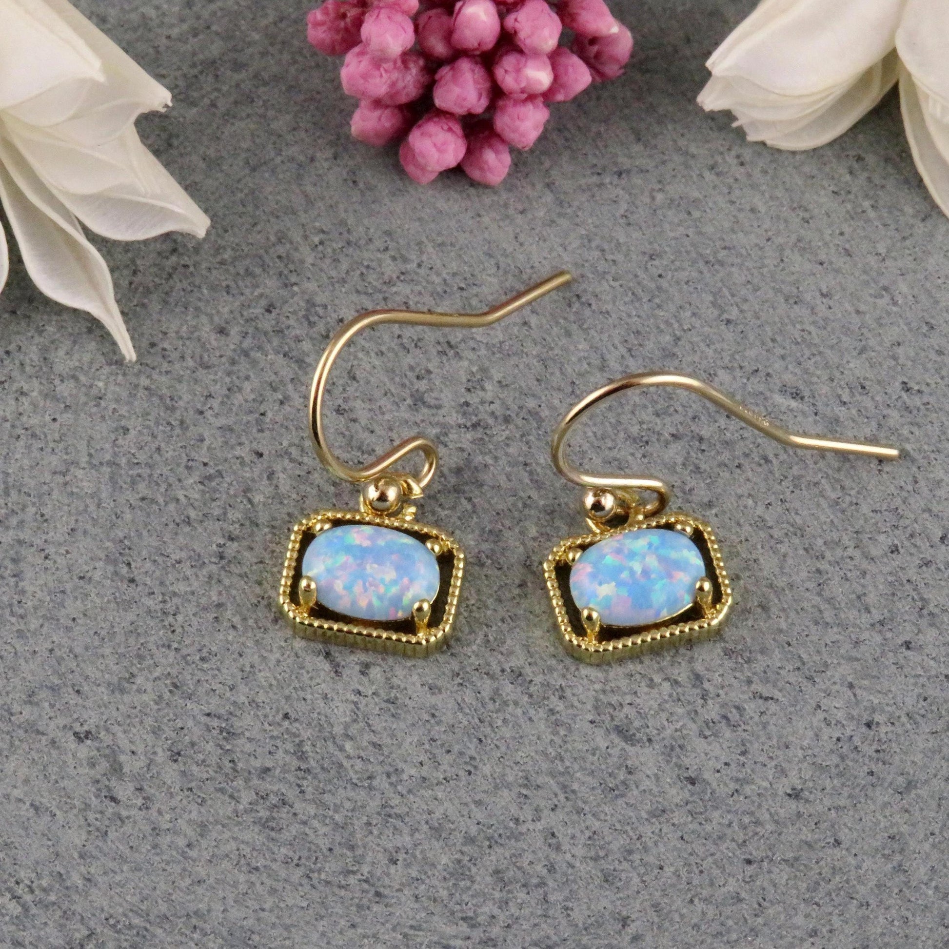 Gold Blue Opal Earrings | Gold Retro Opal Earrings | Framed Opal Earrings | Art Deco Opal Earrings | Geometric Gold Blue Opal Earrings