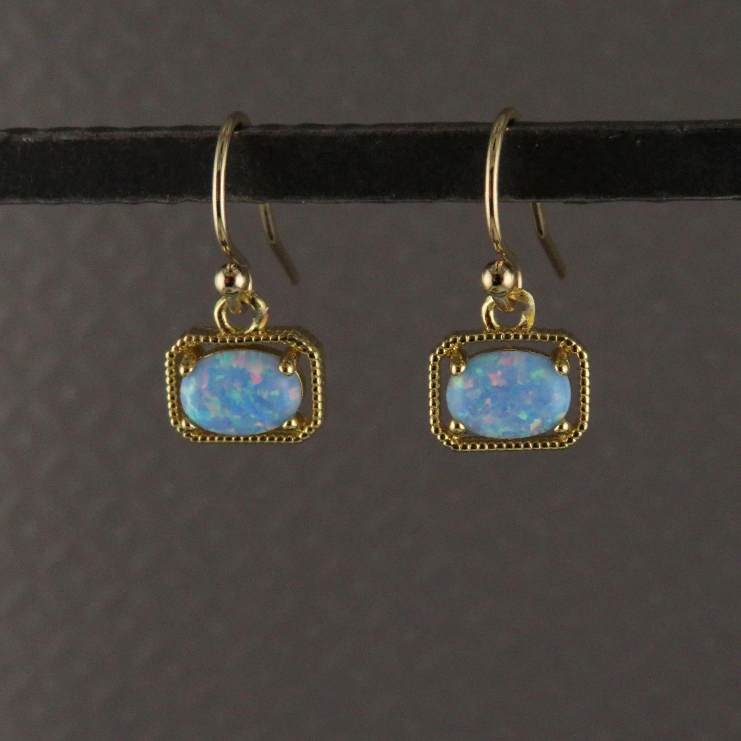 Gold Blue Opal Earrings | Gold Retro Opal Earrings | Framed Opal Earrings | Art Deco Opal Earrings | Geometric Gold Blue Opal Earrings