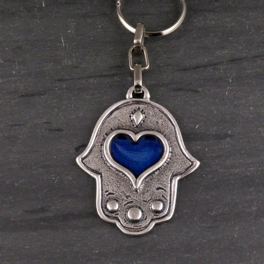 Silver Hamsa Keychain | Silver Hand Heart Keychain | Hamsa Heart Keyring | Protection Keychain | Blue Hamsa Keychain | Blue Hamsa Keyring