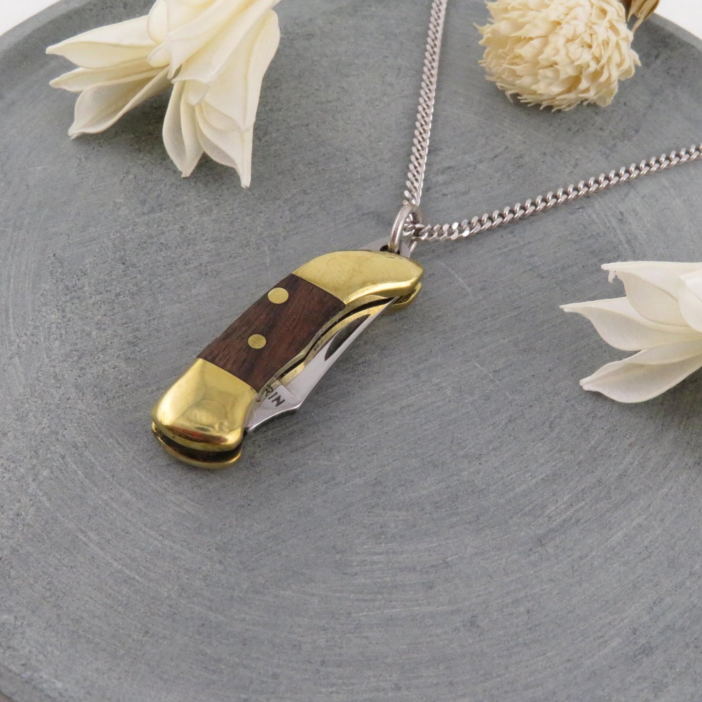 Mini Knife Necklace | Mini Pocketknife Pendant | Wood Gold Knife Necklace | Gold Wood Small Knife Necklace | Walnut Wood Knife Necklace