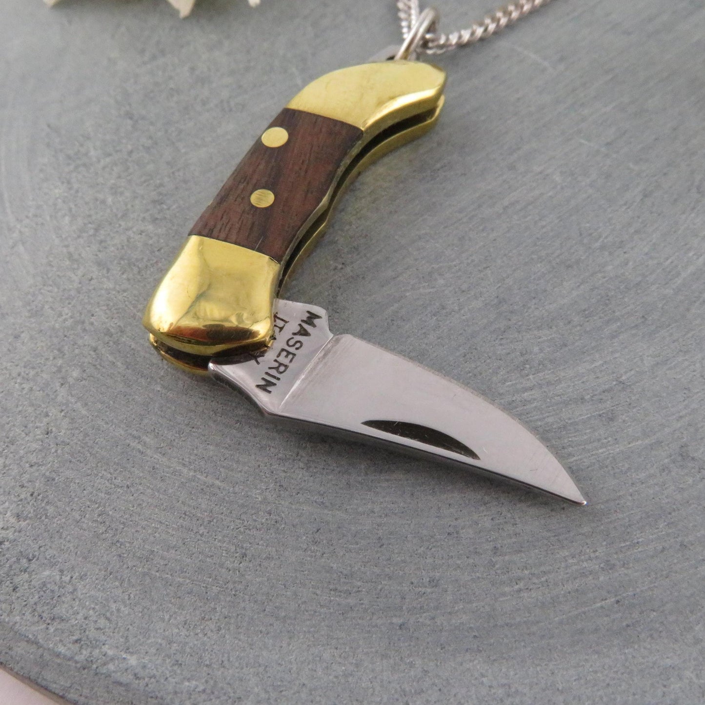 Mini Knife Necklace | Mini Pocketknife Pendant | Wood Gold Knife Necklace | Gold Wood Small Knife Necklace | Walnut Wood Knife Necklace