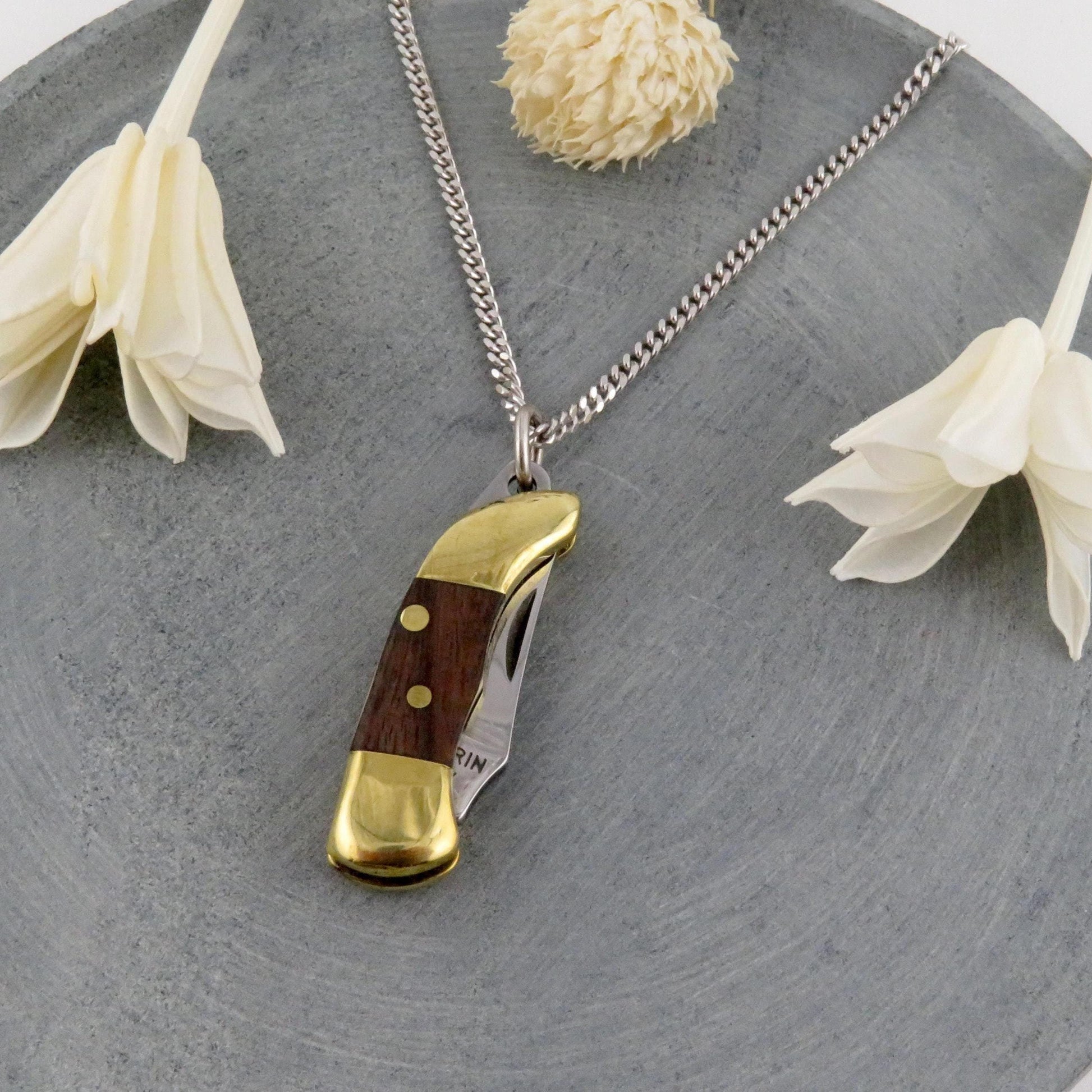 Mini Knife Necklace | Mini Pocketknife Pendant | Wood Gold Knife Necklace | Gold Wood Small Knife Necklace | Walnut Wood Knife Necklace