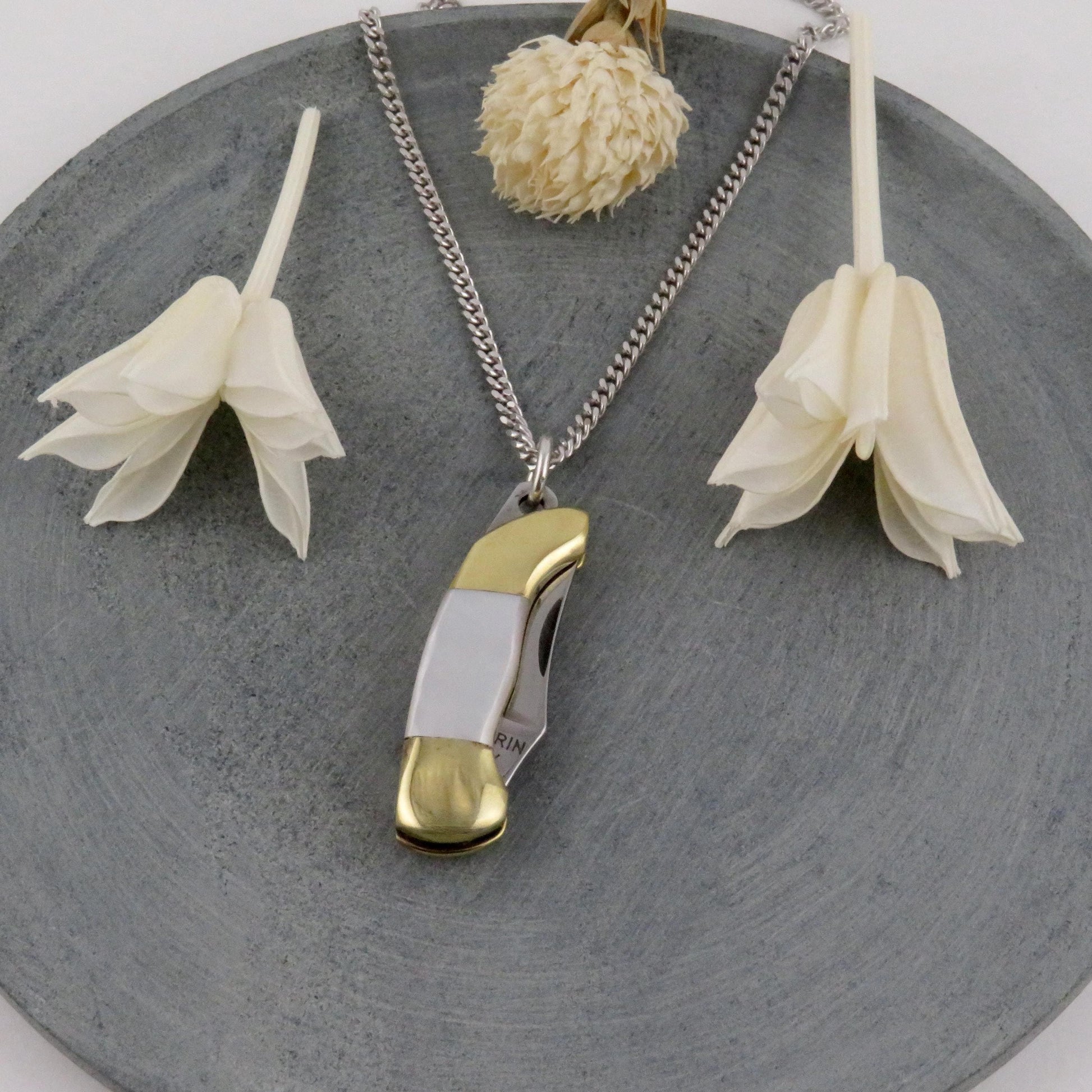 Small Pearl Knife Necklace | Mini Pocketknife Necklace | Mother Pearl Knife Pendant | Pearl Mini Knife | White Pearl Small Knife Necklace