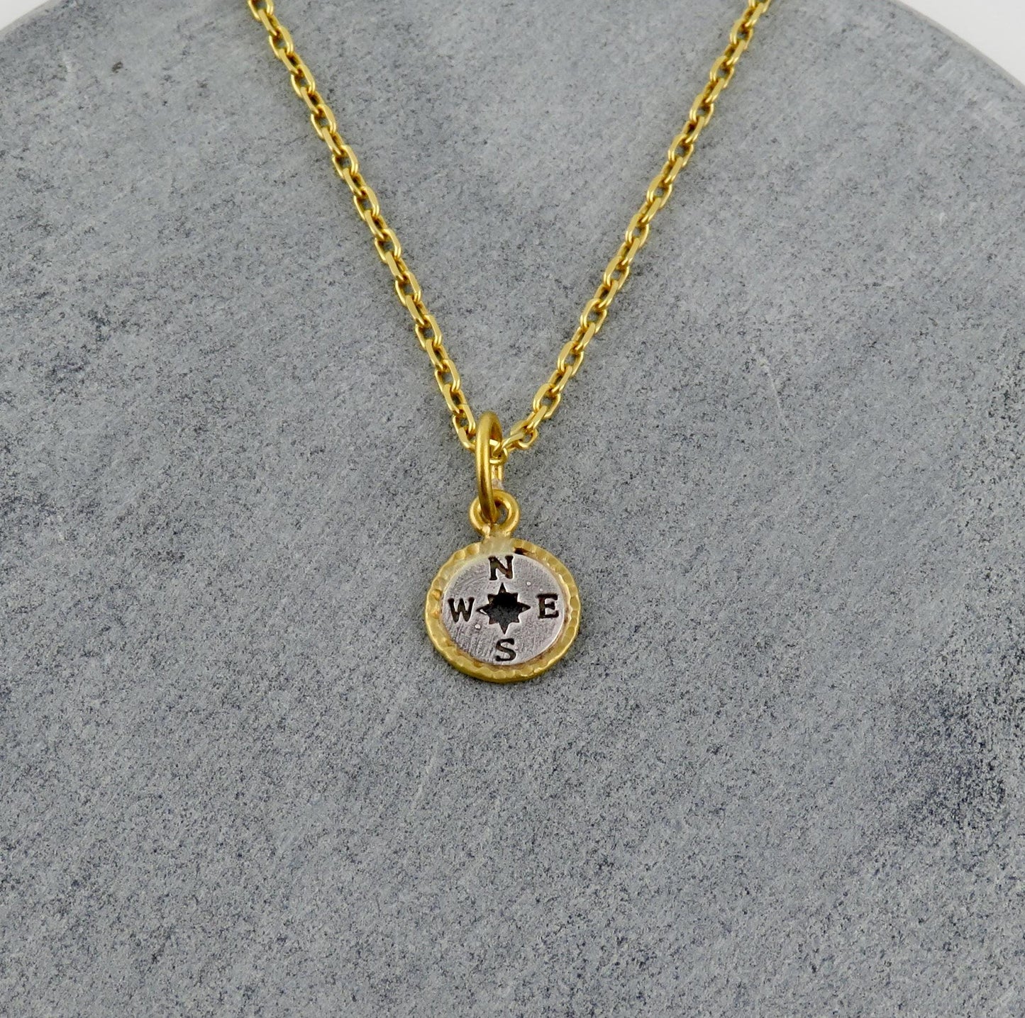 Solid Gold Vintage Pendant | Sterling Gold Compass Pendant | Unique Vintage Compass Necklace | 24K Gold Mixed Metal Necklace | Compass Charm