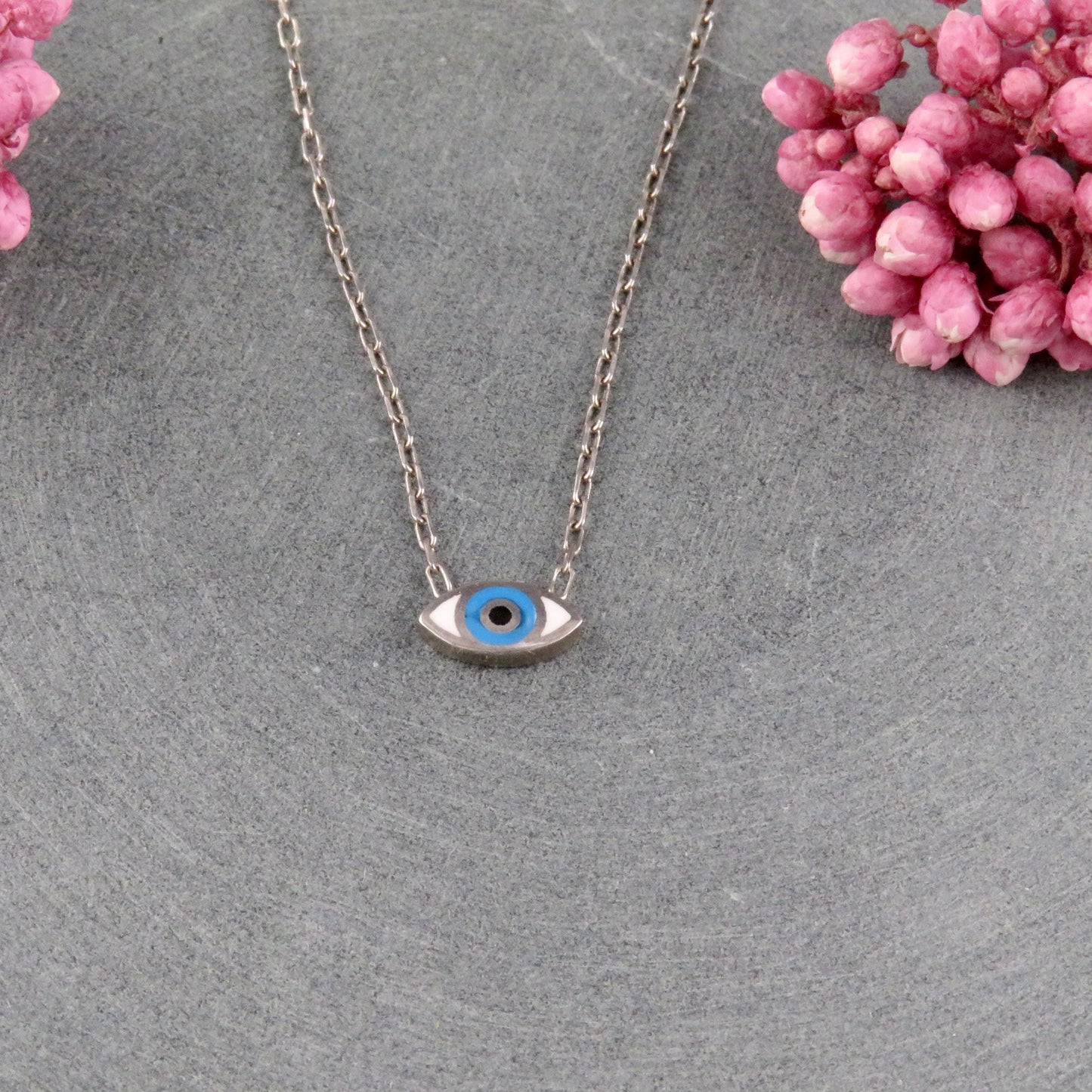 Silver Evil Eye Necklace | Sterling Tiny Eye Necklace | Silver Enamel Eye | Mini Eye Charm Necklace | Small Evil Eye Protection Necklace