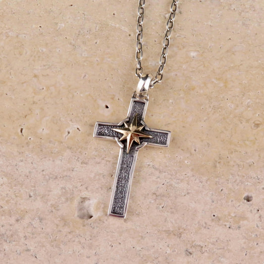 Two Tone Cross Necklace | Silver Gold Cross Medallion | Mixed Metal Cross | Sterling Cross North Star | Cross and Compass Pendant