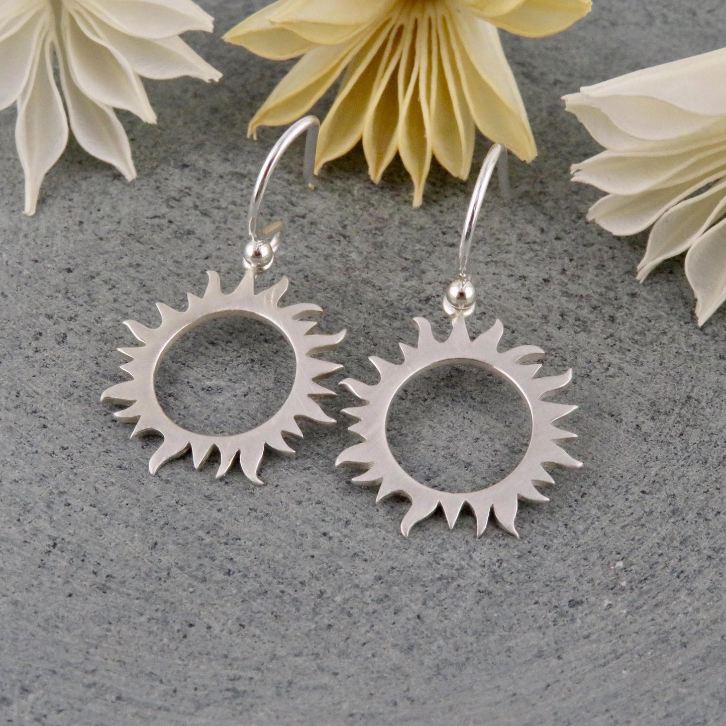 Sterling Sun Earrings | Silver Open Sun Earrings | Shining Sun Earrings | Silver Sun Earrings | Unique Sun Earrings | Brushed Silver Suns